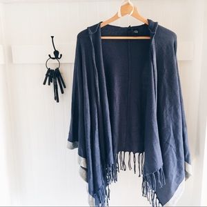 Blue Woven Knit Hooded  Drape Poncho Sweater
